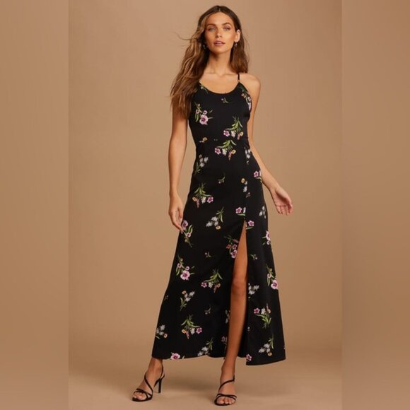 Lulus Blooming Vision Black Floral Maxi Dress Side Slit Size LARGE - Picture 1 of 13